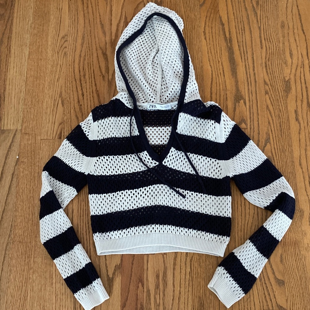 Zara Navy Stripe Knit Crop Hoodie